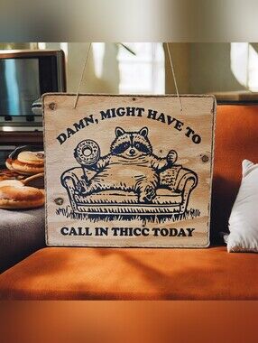 "Might Have To Call In Thicc Today" Raccoon Wood Wall Art - Handcrafted